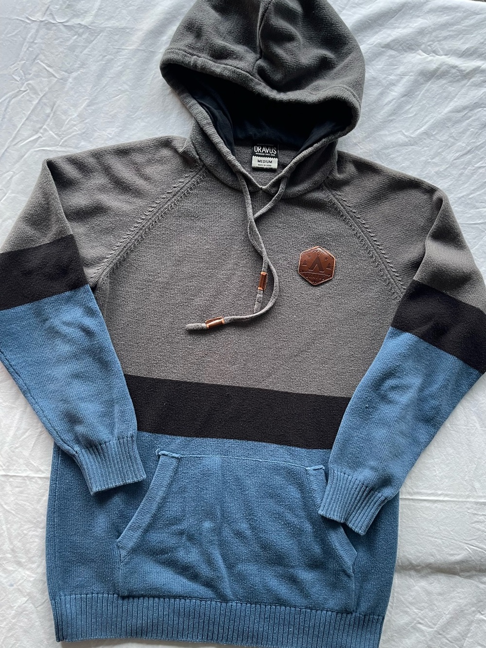 Dravus Heading Nowhere Mens Knit Hoodie Colorblock Grey Blue Sweater Medium